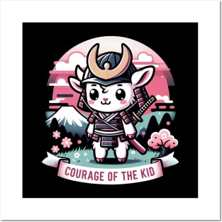 Kawaii Samurai Animal Lamb Warrior with Katana Cute in front of Fuji Mount Blossom Posters and Art